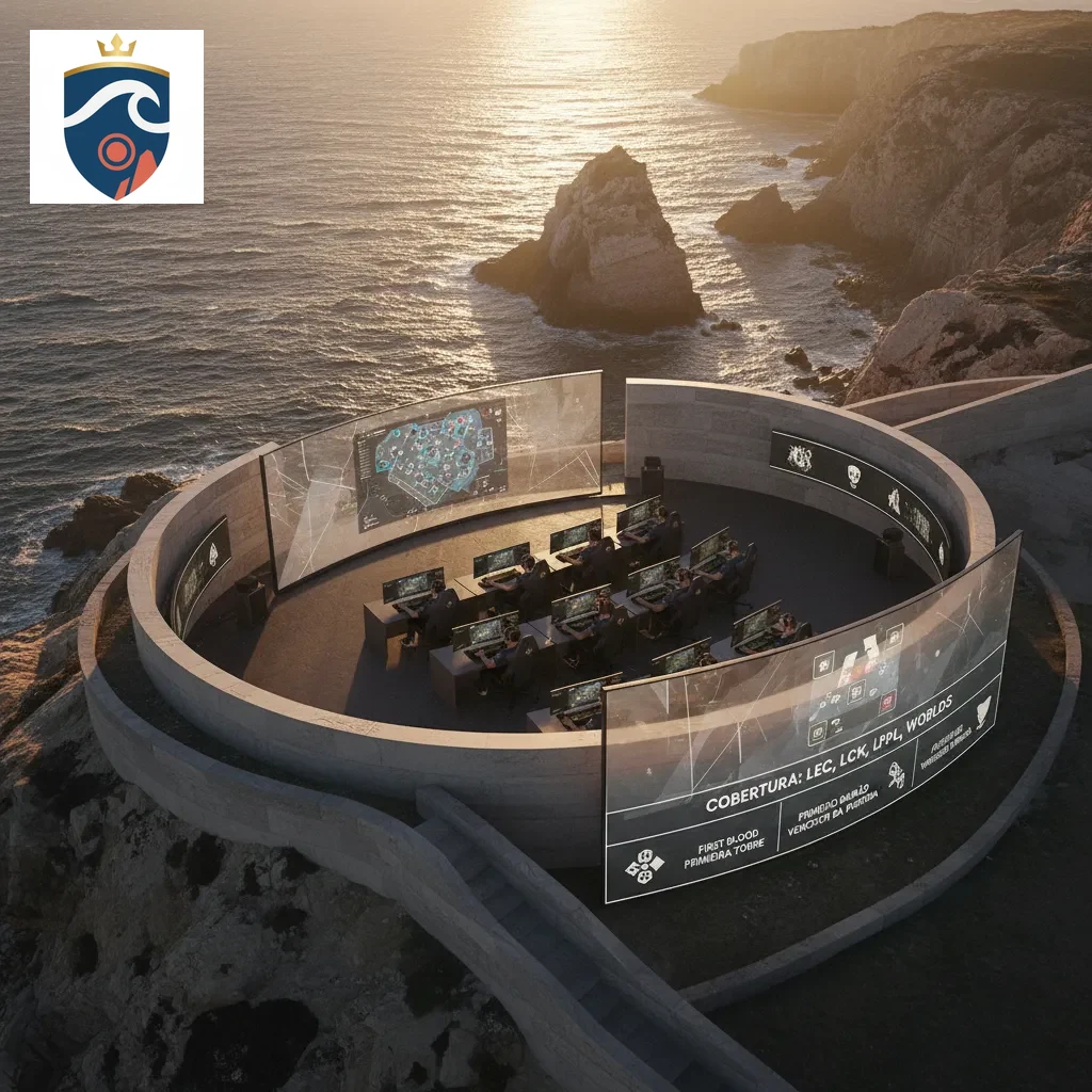 Arena de competição de videojogos com ecrãs gigantes de League of Legends.