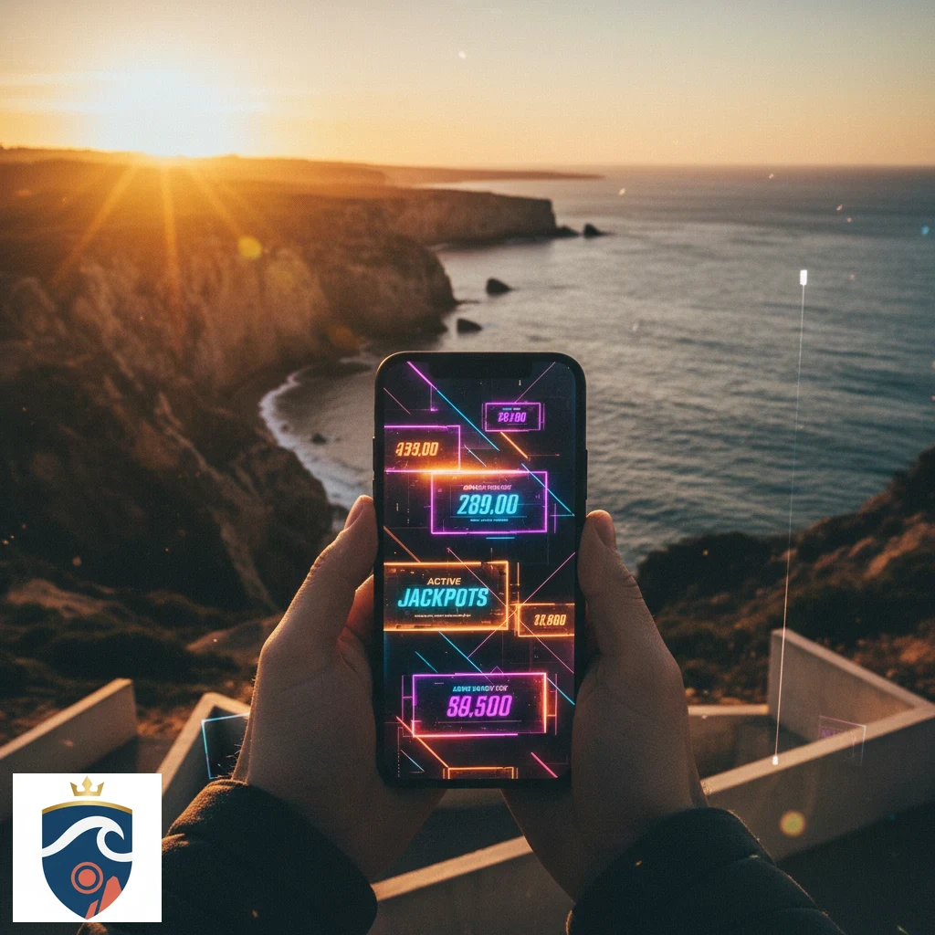 Interface móvel com catálogo de slots e jackpots progressivos no ecrã.