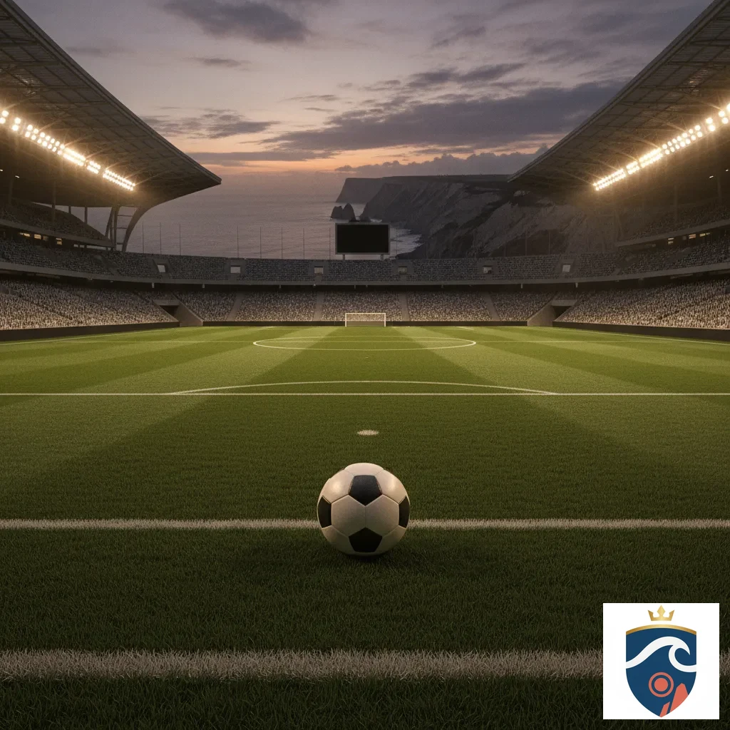 Bola de futebol sobre relvado num estádio iluminado
